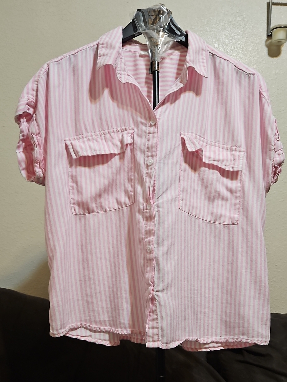 beachlunchlounge Pink & White Striped Short Sleeve Button Blouse